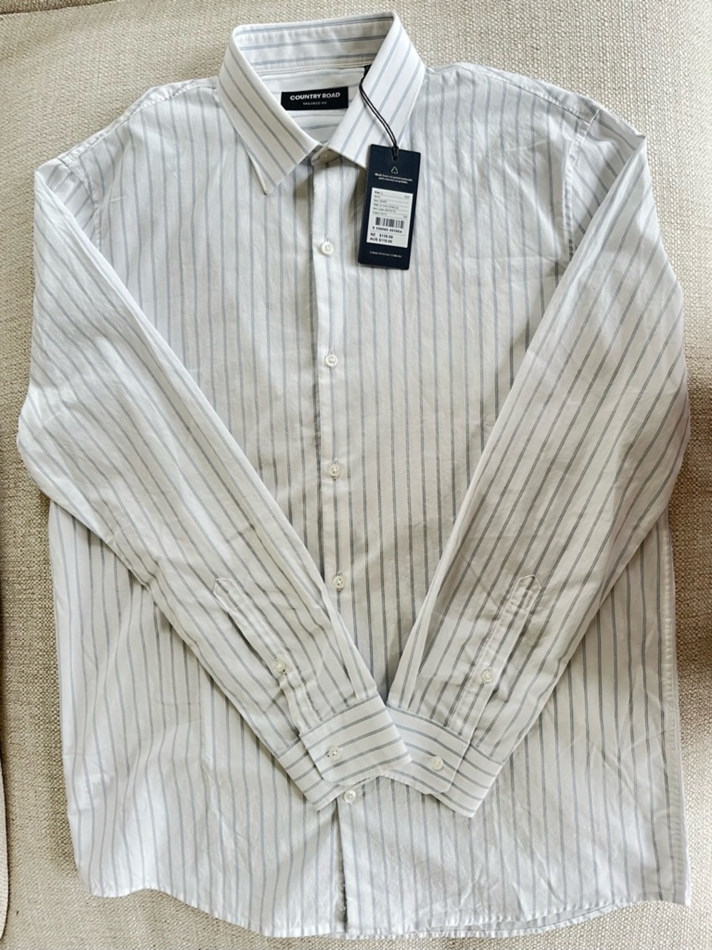 Country Road Australia Men’s Cotton White Striped Tailored Fit Shirt Size L